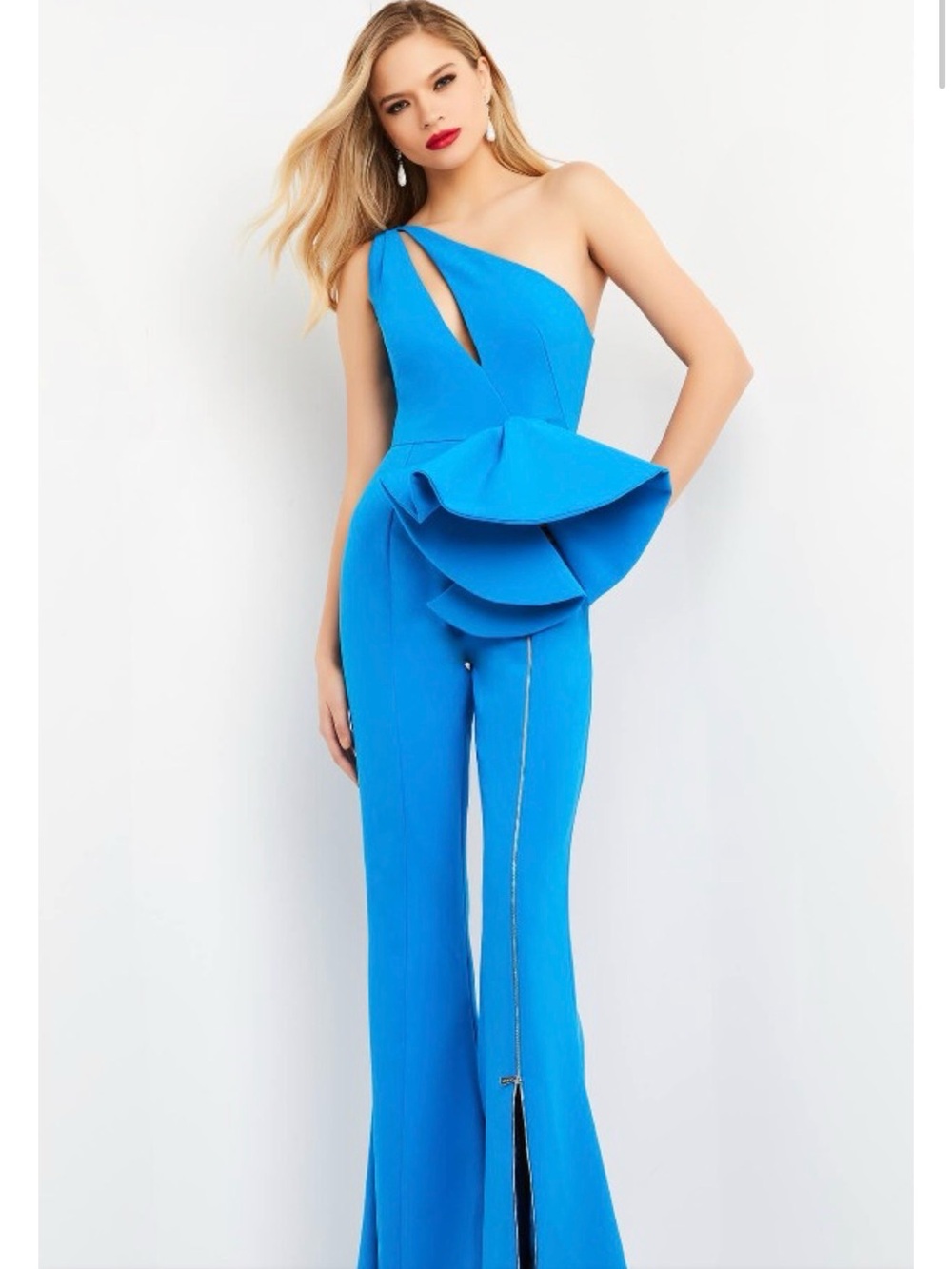 Jovani One-Shoulder Electric Blue Peplum Jumpsuit - Picture 1 of 2